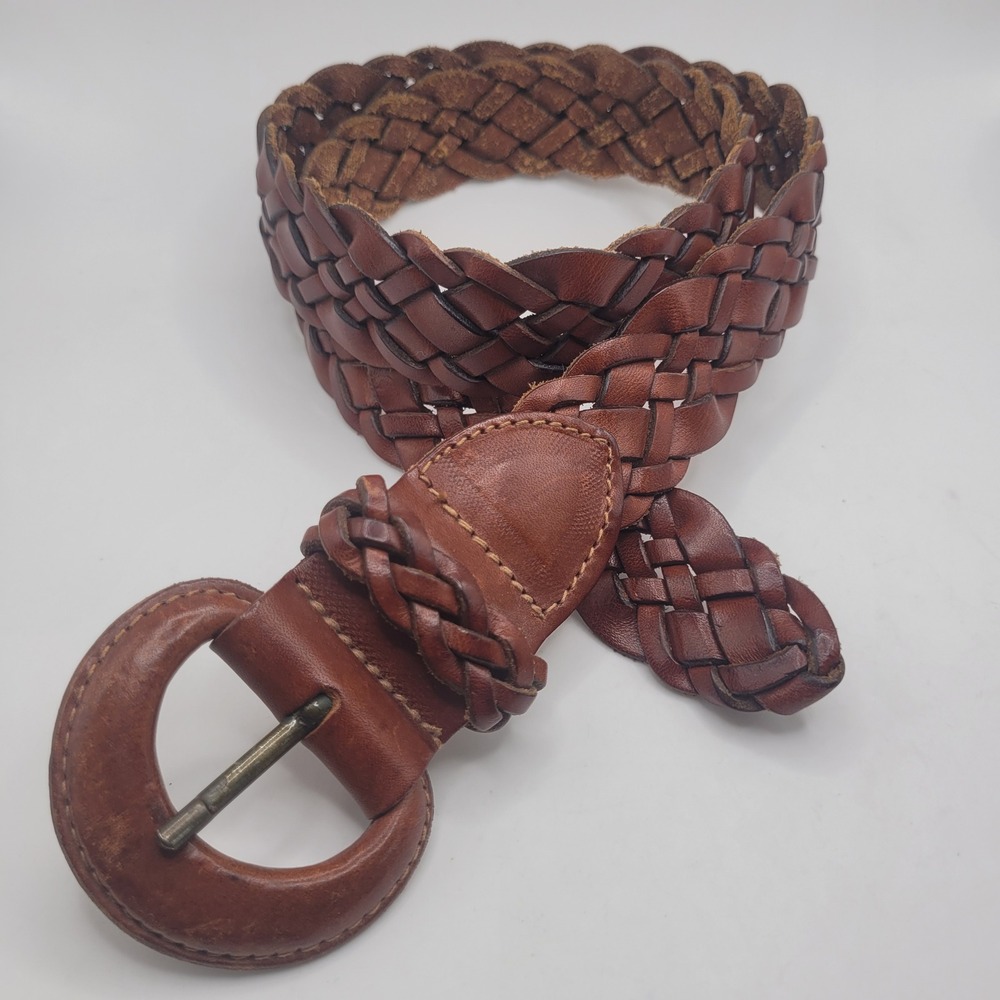 VTG G.H. Bass & Co. Belt Med Brown Leather Braided Woven Boho Heritage Preppy
